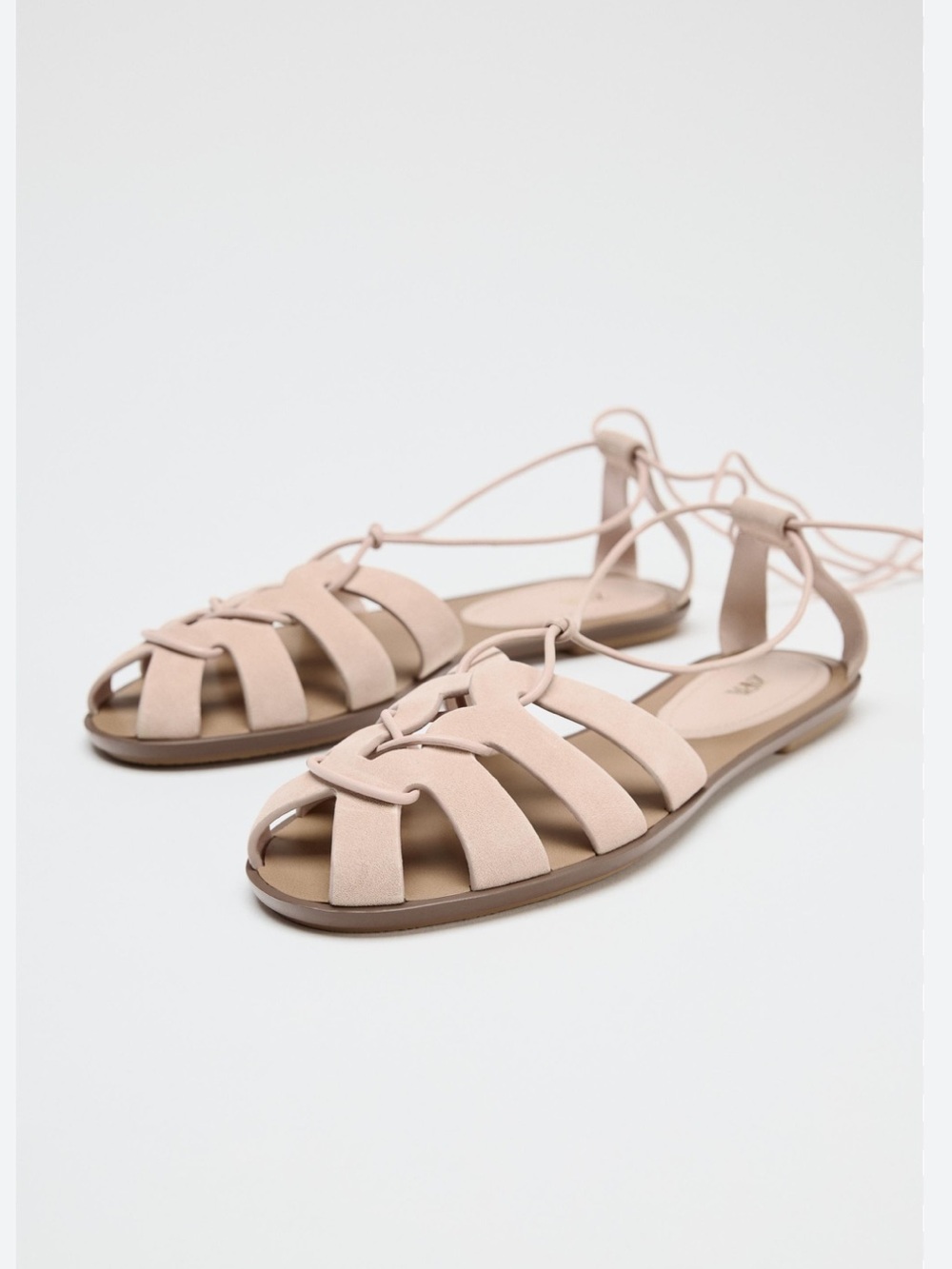 Zara NWT Pink Suede Tied Leather Fisherman Sandals Cage Flat - Picture 3 of 8